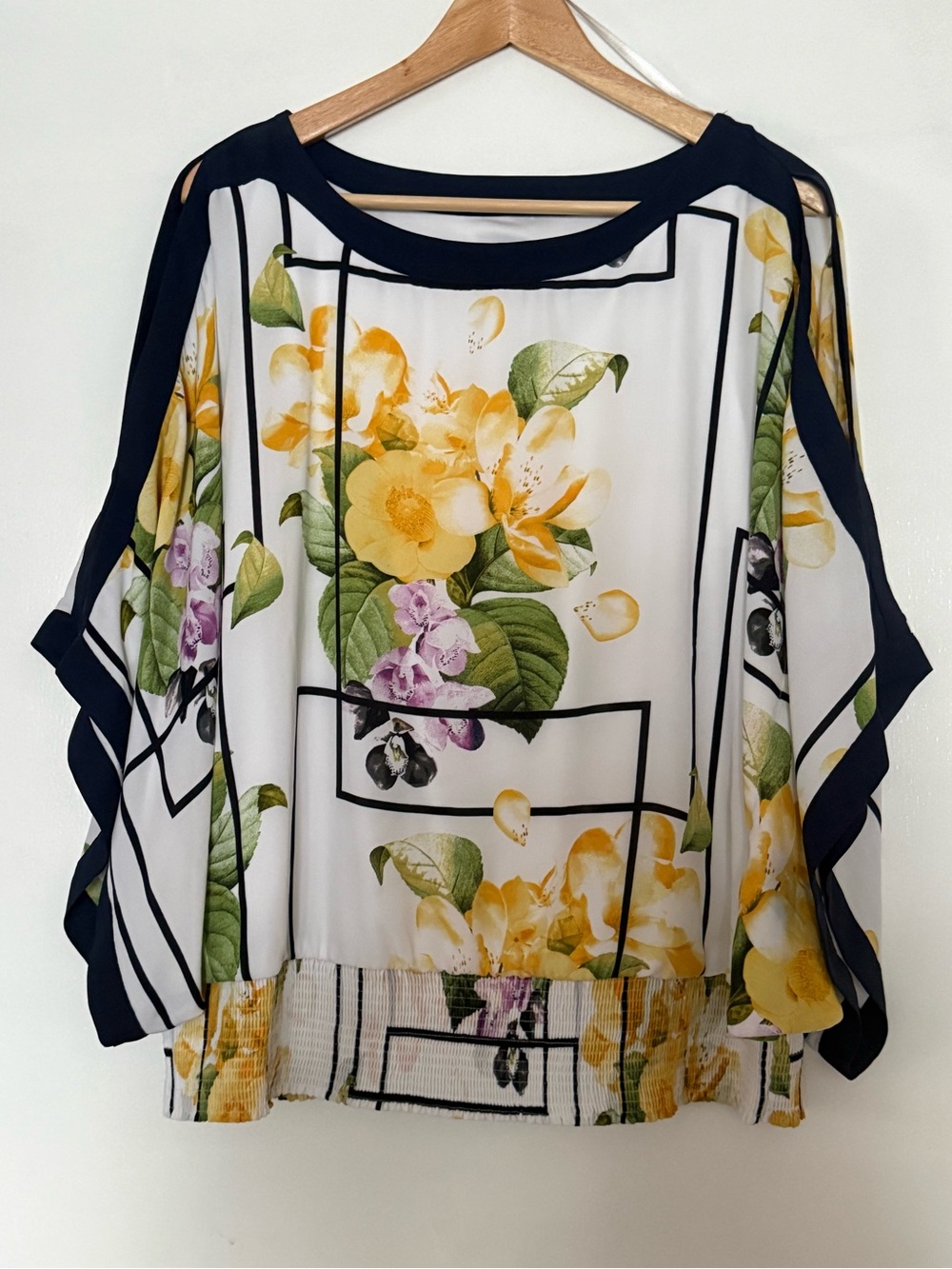 JM Collection White Floral Tunic with Navy Trim